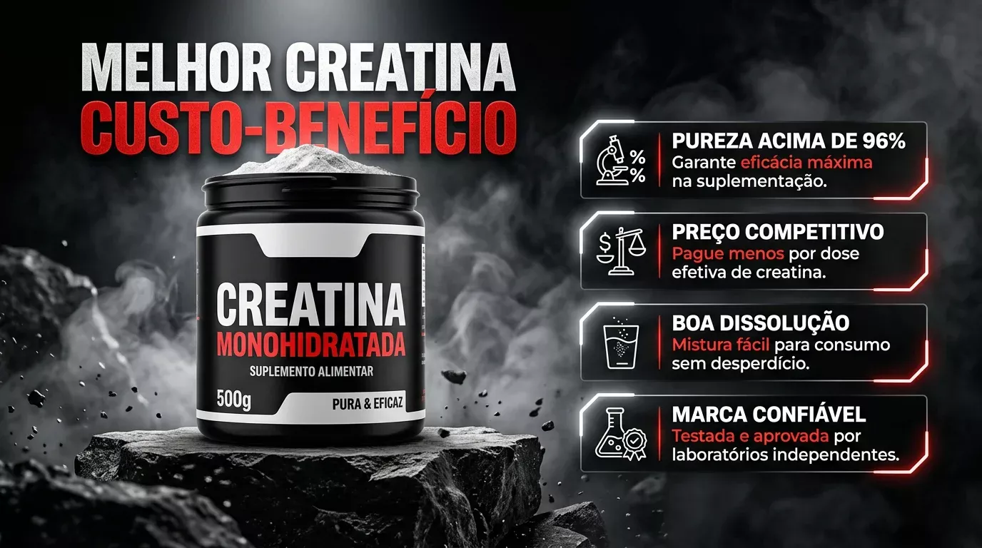 Top 5 melhores creatinas custo-benefício 2026 — Dark Lab, Soldiers Nutrition, FTW, Max Titanium e Integralmedica com preços e pureza
