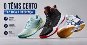 Tênis esportivos diferentes lado a lado: corrida, basquete e vôlei, com solados e amortecimentos distintos