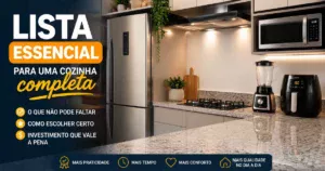 Cozinha moderna com os principais eletrodomésticos: geladeira de inox, cooktop, micro-ondas, liquidificador e air fryer