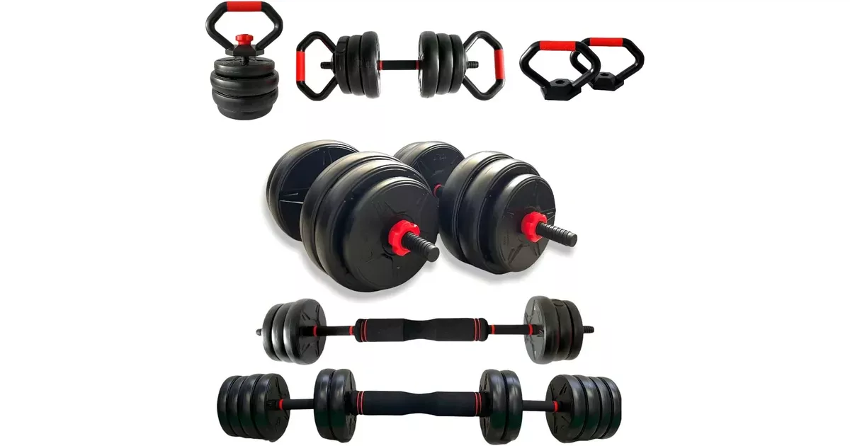 Kit de halteres ajustável 6 em 1 com anilhas, barra e kettlebell para treino de musculação em casa