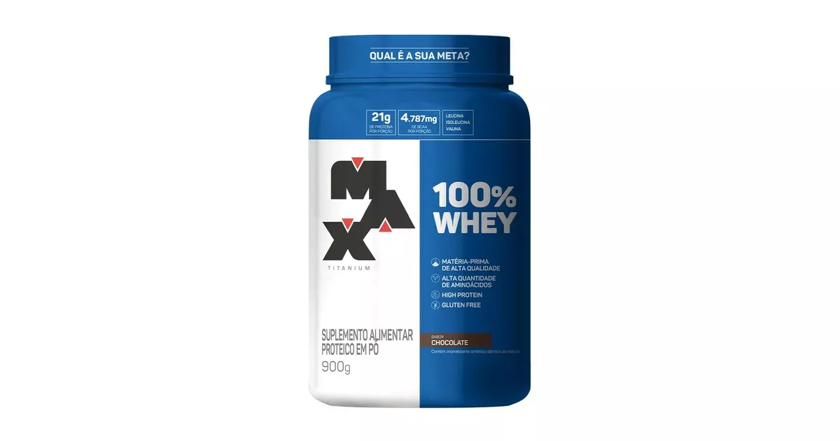 Pote de whey protein concentrado Max Titanium 100% Whey 900g sabor chocolate